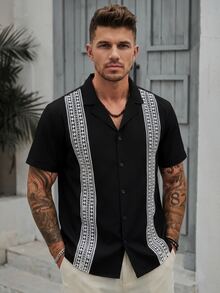 Manfinity CasualCool Men's Casual Mature Lapel Collar Short Sleeve Shirt - Black - View 1