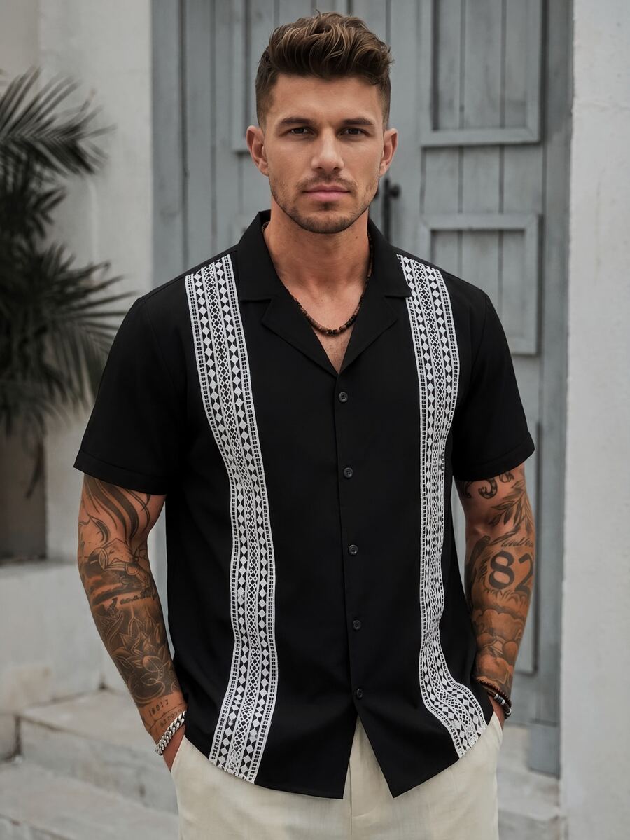 Manfinity CasualCool Men's Casual Mature Lapel Collar Short Sleeve Shirt - Black - View 1