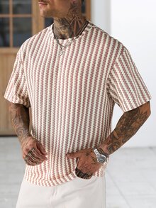 Manfinity CasualCool Men's Knit T-Shirt, Red And White Stripe, World Cup Vacation Vacation Summer Casual Streetwear - Red and White - View 5