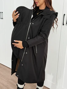 SHEIN Maternity Winter Thermal Lined Hooded 3-In-1 Jacket - Black - View 4