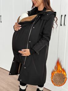 SHEIN Maternity Winter Thermal Lined Hooded 3-In-1 Jacket - Black - View 7