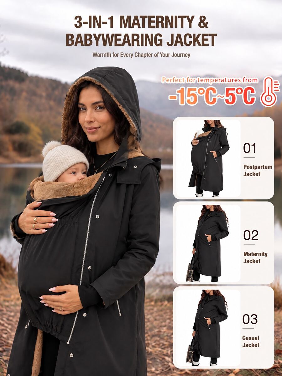 SHEIN Maternity Winter Thermal Lined Hooded 3-In-1 Jacket - Black - View 1