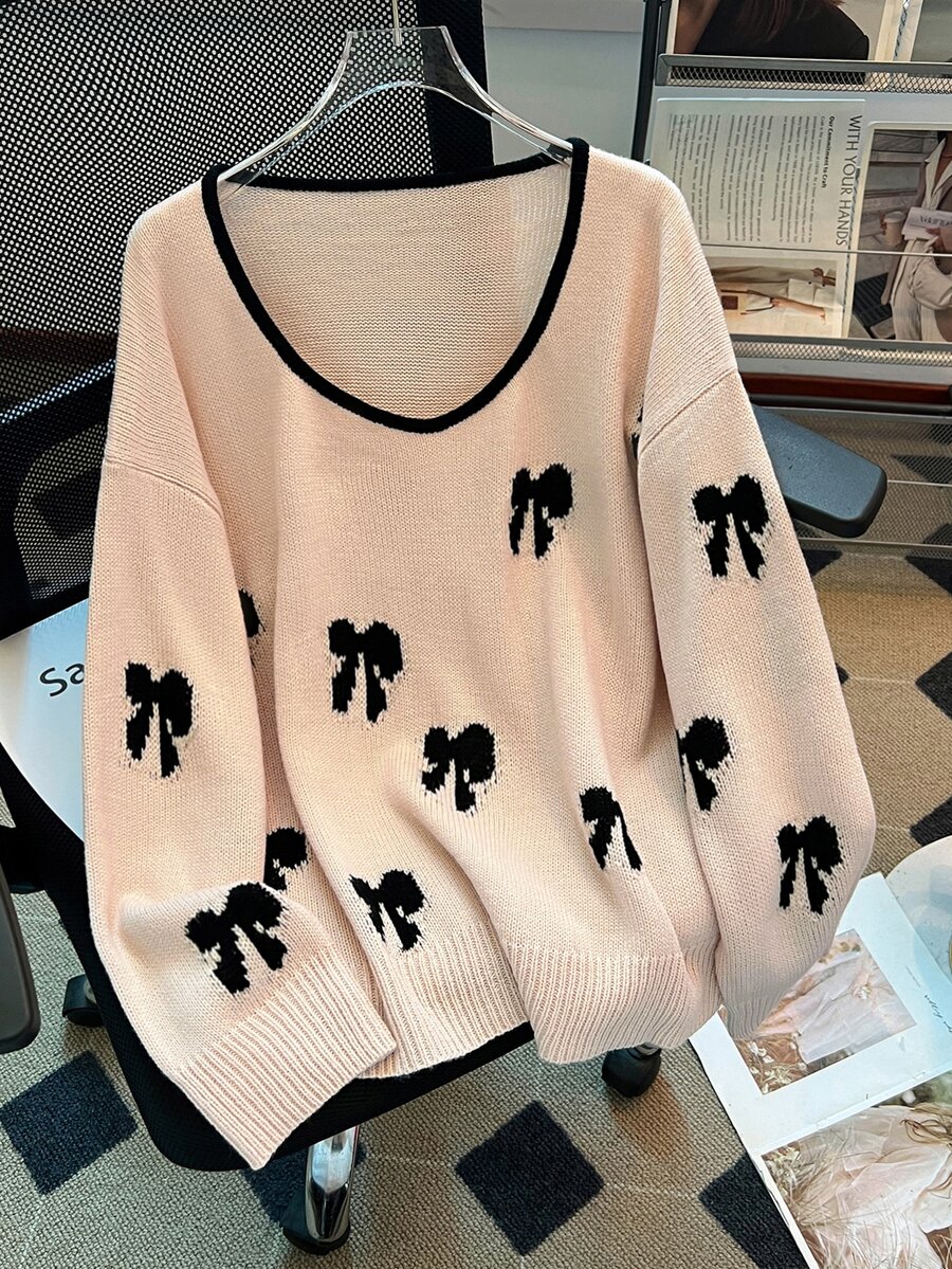 GlowEve CURVE Plus Size Women's Square Neck Bow Jacquard Versatile Pullover Sweater Top - Multicolor - View 1