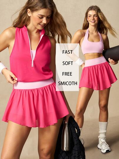 VARSIVA Women's Tank Top Short Skorts Sports Modest Athleisure Sport Set Tennis Gym Workout Hot Pink Light Pink Autumn