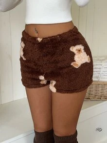 CovetEZ 女款卡通熊毛絨休閒短褲 - 棕色 - 查看 4