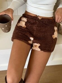 CovetEZ 女款卡通熊毛絨休閒短褲 - 棕色 - 查看 5