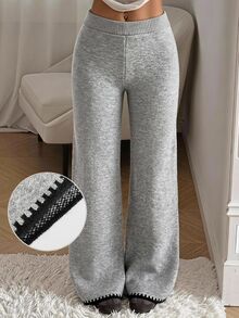 SHEIN EZwear Women's Solid Color Elastic Waist Casual Flared Knit Long Pants Lounge Grey Autumn - Grey - View 2
