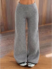 SHEIN EZwear Women's Solid Color Elastic Waist Casual Flared Knit Long Pants Lounge Grey Autumn - Grey - View 9