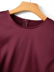 SHEIN Women's Satin Round Neck Long Sleeve Top Side Ruched Lace Trim Asymmetrical Hem Burgundy Elegant Going Out Fall Blouse - Burgundy - View 5