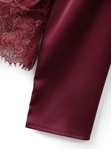 SHEIN Women's Satin Round Neck Long Sleeve Top Side Ruched Lace Trim Asymmetrical Hem Burgundy Elegant Going Out Fall Blouse - Burgundy - View 9