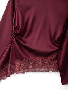 SHEIN Women's Satin Round Neck Long Sleeve Top Side Ruched Lace Trim Asymmetrical Hem Burgundy Elegant Going Out Fall Blouse - Burgundy - View 6