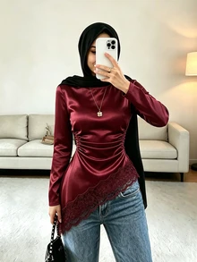 SHEIN Women's Satin Round Neck Long Sleeve Top Side Ruched Lace Trim Asymmetrical Hem Burgundy Elegant Going Out Fall Blouse - Burgundy - View 4