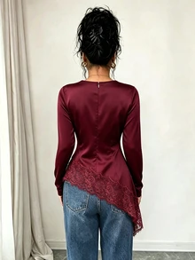 SHEIN Women's Satin Round Neck Long Sleeve Top Side Ruched Lace Trim Asymmetrical Hem Burgundy Elegant Going Out Fall Blouse - Burgundy - View 3