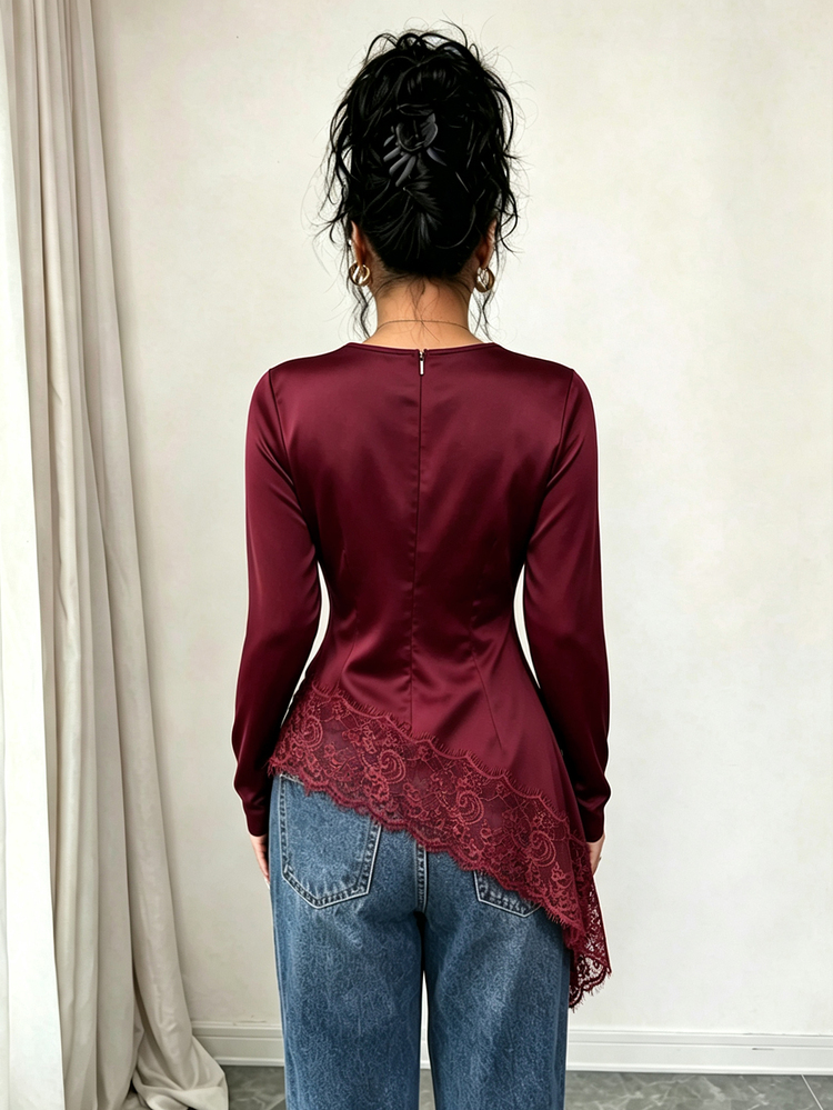 SHEIN 女款緞面圓領長袖上衣 側收褶蕾絲飾邊不對稱下擺 酒紅色優雅外出秋季襯衫 - 酒紅色 - 查看 2