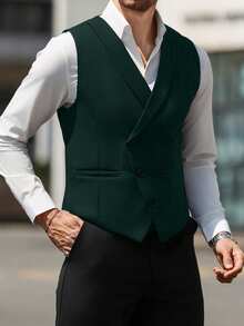 Manfinity Mode Men Double Breasted Waistcoat Without Shirt, Formal, Old Money - Dark Green - View 3