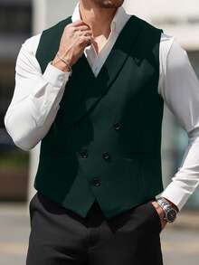 Manfinity Mode Men Double Breasted Waistcoat Without Shirt, Formal, Old Money - Dark Green - View 4