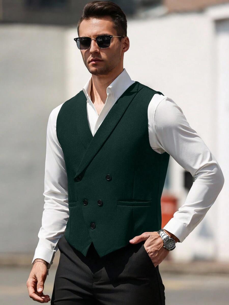 Manfinity Mode Men Double Breasted Waistcoat Without Shirt, Formal, Old Money - Dark Green - View 1