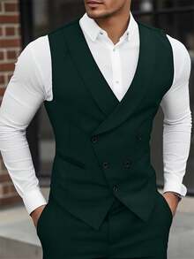 Manfinity Mode Men Double Breasted Waistcoat Without Shirt, Formal, Old Money - Dark Green - View 2