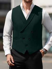 Manfinity Mode Men Double Breasted Waistcoat Without Shirt, Formal, Old Money - Dark Green - View 5