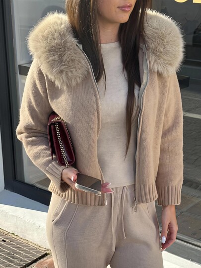 Aloruh Women's Autumn/Winter Warm Fuzzy Patchwork Hooded Cardigan, Elegant Casual Apricot Textured Knit Zipper Front Thick Sweater Coat,New Fall Styles