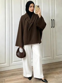 Selianne Muslim Women's New Chinese Style Frog Button Autumn/Winter Solid Color Kimono Collar Tassel Frog Button Loose Wool Coat Jacket, Slouchy Versatile Wool Top - Brown - View 6