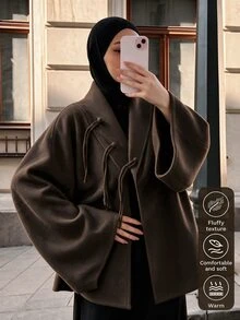 Selianne Muslim Women's New Chinese Style Frog Button Autumn/Winter Solid Color Kimono Collar Tassel Frog Button Loose Wool Coat Jacket, Slouchy Versatile Wool Top - Brown - View 7