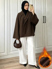 Selianne Muslim Women's New Chinese Style Frog Button Autumn/Winter Solid Color Kimono Collar Tassel Frog Button Loose Wool Coat Jacket, Slouchy Versatile Wool Top - Brown - View 3