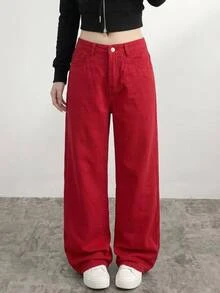 SHEIN 青少年女孩休閒百搭日常穿著牛仔褲，附口袋與鈕扣 - 紅色 - 查看 2