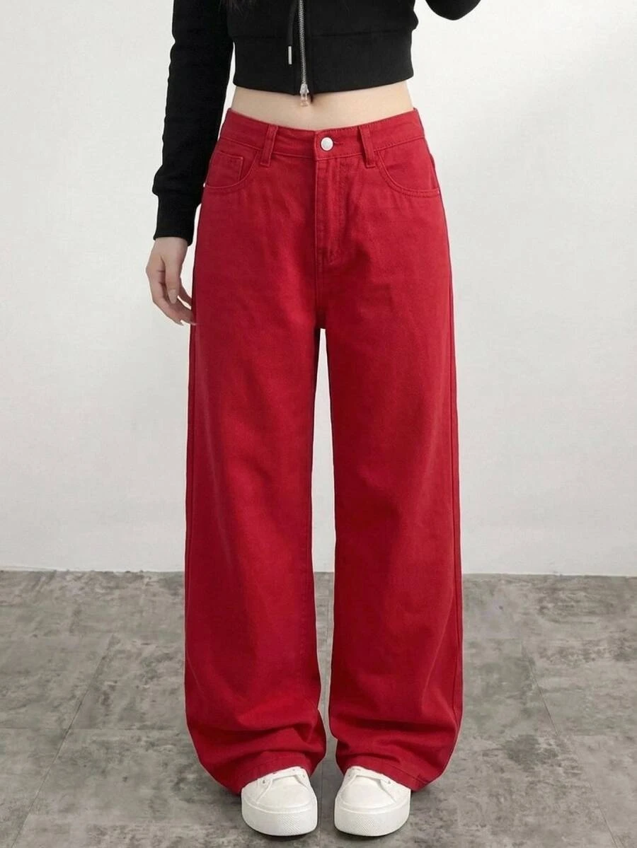 SHEIN Teen Girl Casual Versatile Daily Wear Denim Jeans With Pockets And Buttons - Red - View 1