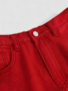 SHEIN 青少年女孩休閒百搭日常穿著牛仔褲，附口袋與鈕扣 - 紅色 - 查看 5