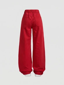 SHEIN 青少年女孩休閒百搭日常穿著牛仔褲，附口袋與鈕扣 - 紅色 - 查看 4