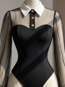Fine & Folde Women's Fall Black And White Contrast Color Lapel Mesh Long Sleeve Bodysuit Heart Patchwork Puff Tulle Sleeves Slim Fit Base Layer Dinner Party Retro - Black and White - View 5
