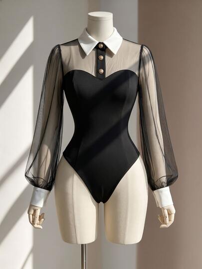 Fine & Folde Women's Fall Black And White Contrast Color Lapel Mesh Long Sleeve Bodysuit Heart Patchwork Puff Tulle Sleeves Slim Fit Base Layer Dinner Party Retro