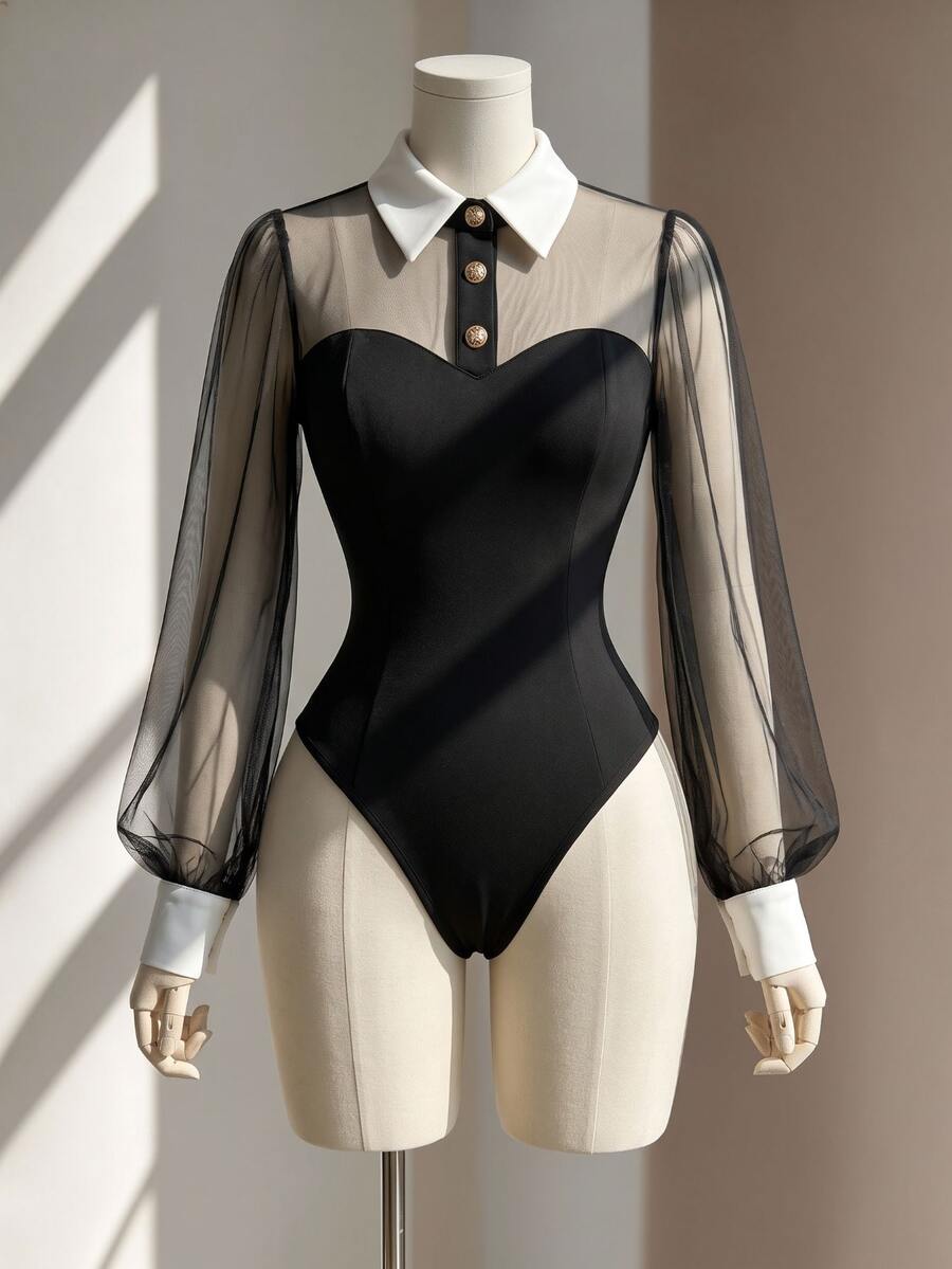Fine & Folde Women's Fall Black And White Contrast Color Lapel Mesh Long Sleeve Bodysuit Heart Patchwork Puff Tulle Sleeves Slim Fit Base Layer Dinner Party Retro - Black and White - View 1