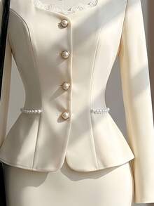 SHEIN Autumn/Winter Long Sleeve Business Commute Wedding Banquet Party Elegant Formal Rhinestone Button Cinched Waist Ruffle Hem Blazer & Slit Fishtail Skirt Set, Beige, Elegant Romantic Women's 2 Pieces Set - Apricot - View 4