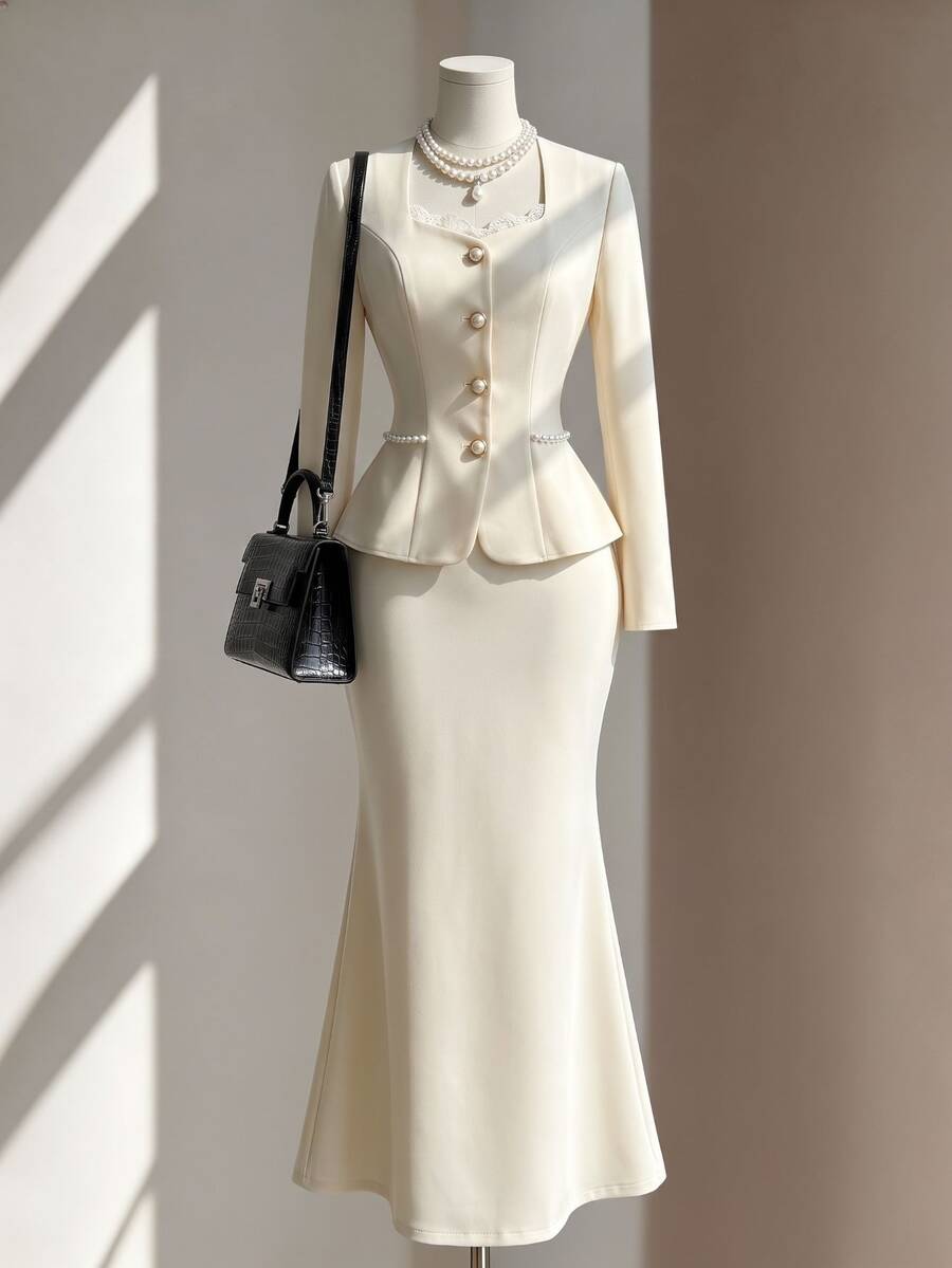 SHEIN Autumn/Winter Long Sleeve Business Commute Wedding Banquet Party Elegant Formal Rhinestone Button Cinched Waist Ruffle Hem Blazer & Slit Fishtail Skirt Set, Beige, Elegant Romantic Women's 2 Pieces Set - Apricot - View 1