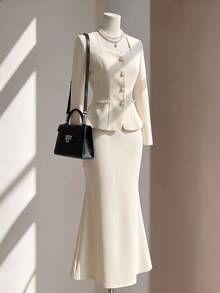 SHEIN Autumn/Winter Long Sleeve Business Commute Wedding Banquet Party Elegant Formal Rhinestone Button Cinched Waist Ruffle Hem Blazer & Slit Fishtail Skirt Set, Beige, Elegant Romantic Women's 2 Pieces Set - Apricot - View 3