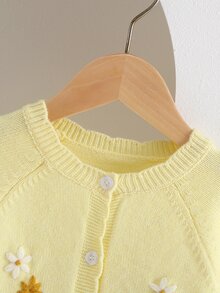 SHEIN 女嬰淺藍色圓領針織開襟毛衣，柔軟田園風，3D手工刺繡精緻重工，可愛甜美卡通休閒款，適合秋冬出遊旅行與戶外活動 - 黃色 - 查看 5