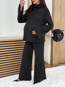 SHEIN طقم شتوي كاجوال يومي من قطعتين للحوامل: ملابس علوية بلون سادة بأكمام طويلة وبنطلون طويل بخصر قابل للتعديل - الأسود - مشاهدة 7