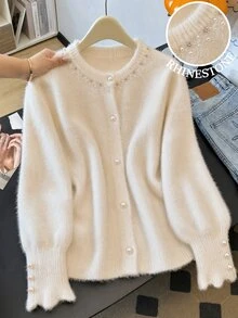 GlowEve CURVE Plus Size Faux Mink Knit Cardigan For Fall Winter, Rhinestone & Pearl Trim Round Neck, Pearl Buttons Puff Sleeve Elegant White Commuter Outerwear - Beige - View 2