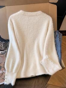 GlowEve CURVE Plus Size Faux Mink Knit Cardigan For Fall Winter, Rhinestone & Pearl Trim Round Neck, Pearl Buttons Puff Sleeve Elegant White Commuter Outerwear - Beige - View 5