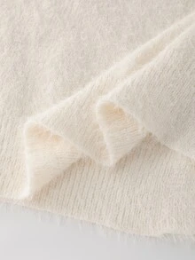 GlowEve CURVE Plus Size Faux Mink Knit Cardigan For Fall Winter, Rhinestone & Pearl Trim Round Neck, Pearl Buttons Puff Sleeve Elegant White Commuter Outerwear - Beige - View 8