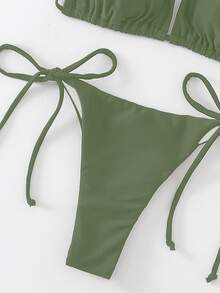 Swim Basics Set Baju Renang Bikini Seksi Warna Polos dengan Tali Pengikat untuk Wanita, Pakaian Pantai untuk Liburan Musim Panas di Pantai - Hijau Tentara - View 3