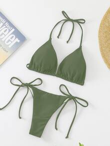 Swim Basics Set Baju Renang Bikini Seksi Warna Polos dengan Tali Pengikat untuk Wanita, Pakaian Pantai untuk Liburan Musim Panas di Pantai - Hijau Tentara - View 5