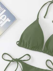Swim Basics Set Baju Renang Bikini Seksi Warna Polos dengan Tali Pengikat untuk Wanita, Pakaian Pantai untuk Liburan Musim Panas di Pantai - Hijau Tentara - View 4