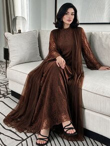 Yasmyna 復古咖啡色蕾絲雙層長裙套裝，喇叭袖開襟衫蕾絲女款阿拉伯風長洋裝 - 咖啡棕 - 查看 2