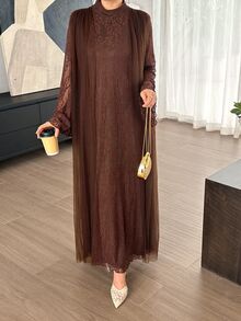 Yasmyna 復古咖啡色蕾絲雙層長裙套裝，喇叭袖開襟衫蕾絲女款阿拉伯風長洋裝 - 咖啡棕 - 查看 8