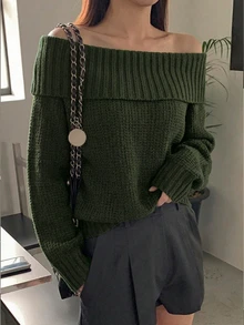 DAZY Women's Solid Color Off-Shoulder Long Sleeve Loose Fashion Sweater - Green - View 5