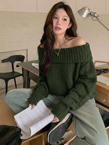 DAZY Women's Solid Color Off-Shoulder Long Sleeve Loose Fashion Sweater - Green - View 4