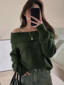 DAZY Women's Solid Color Off-Shoulder Long Sleeve Loose Fashion Sweater - Green - View 1